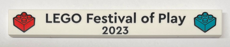 Lego Tile 1 x 8 with Black 'LEGO Festival of Play 2023' and Red and Dark Turquoise Brick Pattern / White