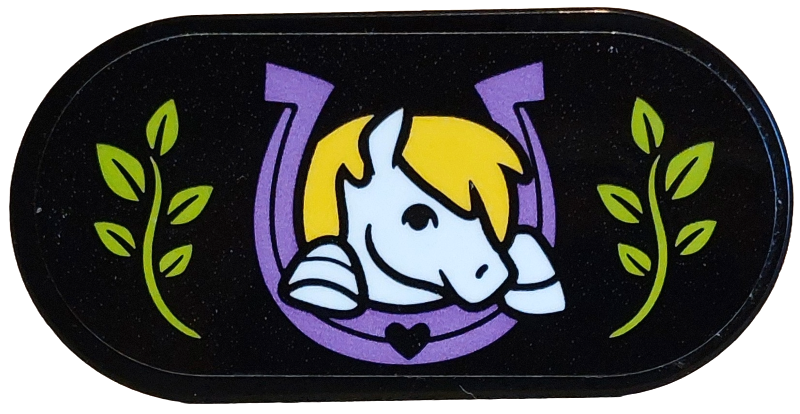 Lego Tile, Round 2 x 4 Oval with White and Yellow Pony Head in Medium Lavender Horseshoe, Lime Grass, Leaves Pattern (Sticker) - Set 42654