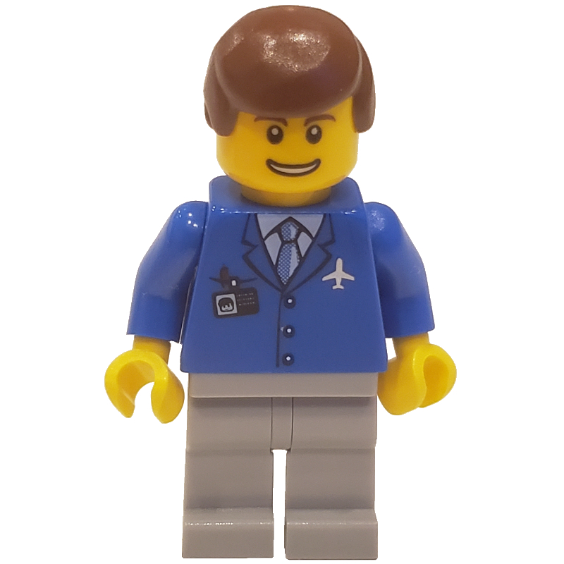 Lego Airline Worker, Blue Jacket with Tie and Plane Logo, Light Bluish Gray Legs, Reddish Brown Hair