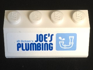 Lego Slope 45 2 x 4 with Blue 'Octan's JOE'S PLUMBING' and Drainpipe Pattern (Sticker) - Set 70811 / White