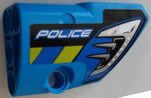 Lego Technic, Panel Fairing # 2 Small Smooth Short, Side B with Silver Headlight, Blue and Lime Diagonal Stripes and 'POLICE' Pattern (Sticker) - Set 42091