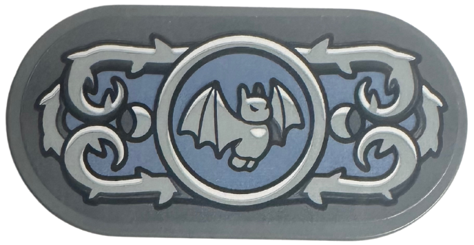 Lego Tile, Round 2 x 4 Oval with Light Bluish Gray Scrollwork and Bat in Circle on Sand Blue Background Pattern (Sticker) - Set 76781