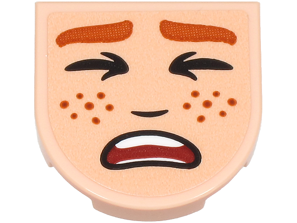 Lego Tile, Round 2 x 2 Half Circle Extended with Dark Orange Eyebrows and Freckles, Squinting Eyes, Scared Open Mouth with Teeth Pattern (HP Ron Weasley Face) (Sticker) - Set 76470 / Light Nougat