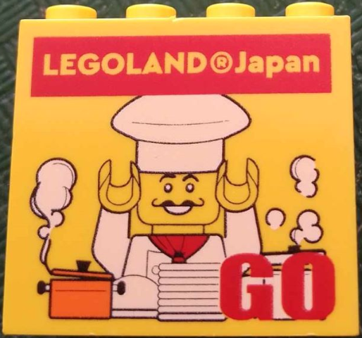 Lego Brick 2 x 4 x 3 with LEGOLAND Japan, Chef Minifigure and Red 'GO' Pattern / Yellow