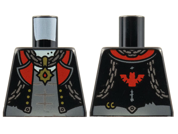 Lego Torso Vest with Red Lapels, Dark Bluish Gray Shirt, Silver Chains, Gold Pendant, Bat on Back Pattern / Black