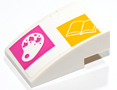 Lego Slope, Curved 3 x 2 with Paint Palette and Open Book on Dark Pink and Yellow Squares Pattern (Sticker) - Set 41731 / White