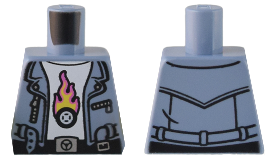 Lego Torso Vest with Belt and Silver Zippers over White Shirt with Tire with Flames Pattern / Sand Blue