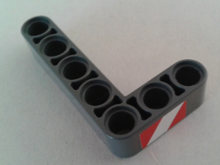 Lego Technic, Liftarm, Modified Bent Thick L-Shape 3 x 5 with Red and White Danger Stripes Pattern Model Right Side (Sticker) - Set 8053 / Dark Bluish Gray