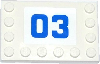 Lego Tile, Modified 4 x 6 with Studs on Edges with Blue '03' on White Background Pattern (Sticker) - Set 60043 / White