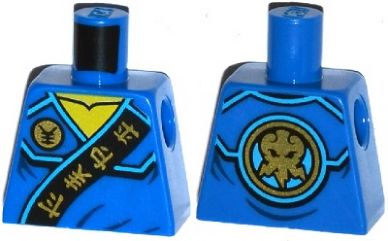 Lego Torso Ninjago Robe with Gold Asian Characters on Black Sash and Jay Power Emblem Pattern / Blue
