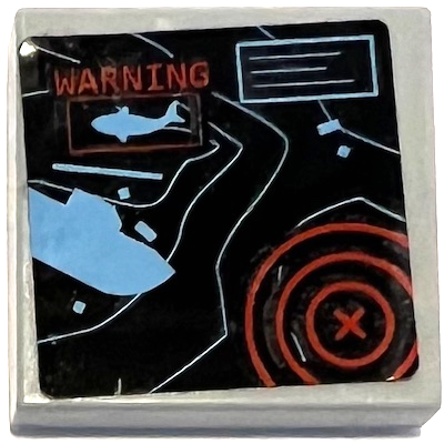 Lego Tile 2 x 2 with Black and Medium Blue Radar Screen with Lines, Ship, Shark, and Red 'WARNING' and Circles Pattern (Sticker) - Set 60096