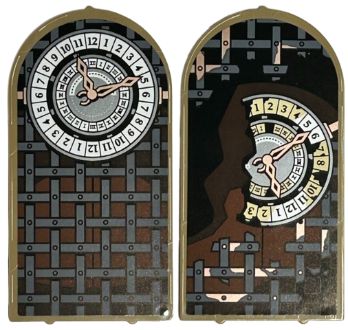 Lego Glass for Door Frame 1 x 6 x 7 Arched with Notches and Rounded Pillars with Dark Bluish Gray Lattice, White Clock, Black Numbers and Gold Hands Pattern on Both Sides (Stickers) - Set 76415
