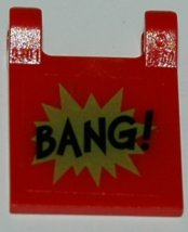 Lego Flag 2 x 2 Square with Flat Edge with 'BANG!' Small Font and Lime Starburst Explosion Horizontal Pattern on Both Sides (Stickers) - Set 7888 / Red