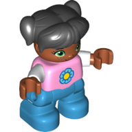 Lego Duplo Figure Child with Ponytails and Bangs Black, with Top with White Sleeves and Yellow and Dark Azure Flower Print - Medium Nougat Face and Arms - Dark Azure Legs