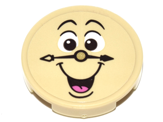 Lego Tile, Round 2 x 2 with Bottom Stud Holder with Laughing Tan Clock Face, Gold Nose, Black Hands, Open Mouth with Dark Pink Tongue Pattern (Cogsworth) (Sticker) - Set 41067