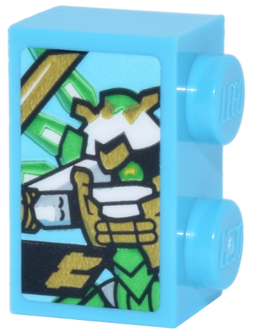 Lego Brick 1 x 2 with White, Bright Green and Gold Lloyd's Titan Mech and Ninjago Logogram Letter L Pattern (Sticker) - Set 71837