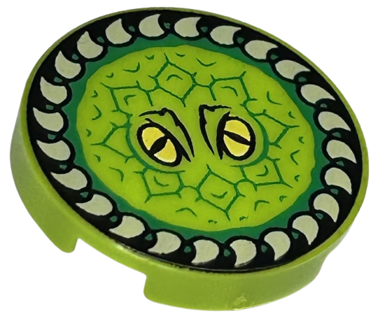 Lego Tile, Round 2 x 2 with Bottom Stud Holder with Yellow Eyes, Green Scales, and Tan Teeth / Horn Ring Pattern (HP Fanged Frisbee) / Lime
