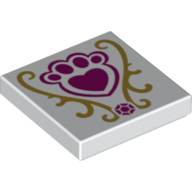 Lego Tile 2 x 2 with Pink Pet Paw with Heart and Gold Scrolls Pattern / White
