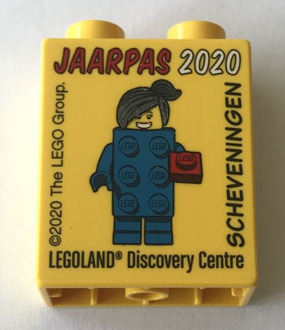 Lego Duplo, Brick 1 x 2 x 2 with JAARPAS 2020 Brick Suit Girl LEGOLAND Discovery Centre Scheveningen Pattern / Yellow