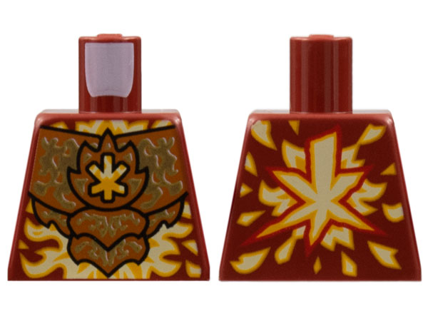 Lego Torso Dark Orange Breastplate with Gold Energy, Bright Light Orange and White Ninjago Logogram Letter K, Flames Pattern / Dark Red