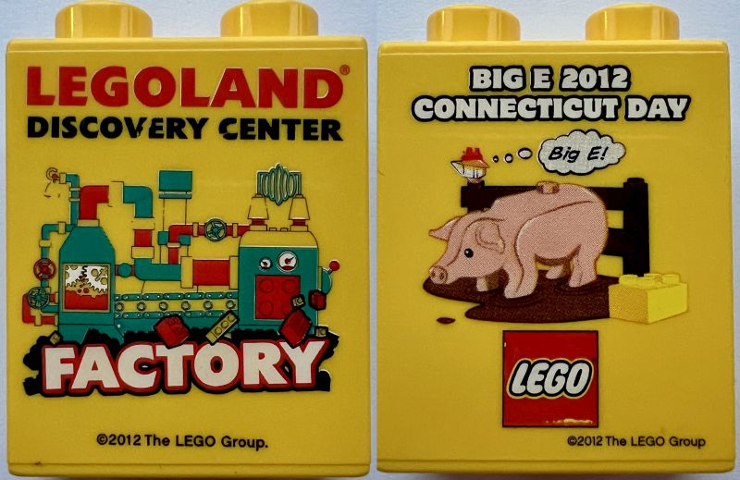 Lego Duplo, Brick 1 x 2 x 2 with LEGOLAND Discovery Center Factory, Big E 2012 Connecticut Day Pattern / Yellow