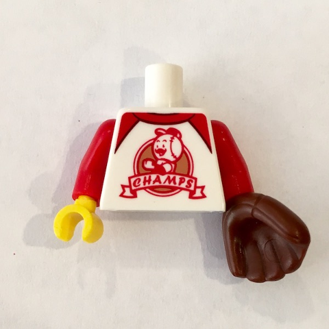 Lego Torso T-Shirt with Red Trim and 'CHAMPS' Logo Pattern (BAM) / Red Arms / Yellow Hand Right / Reddish Brown Baseball Glove Left