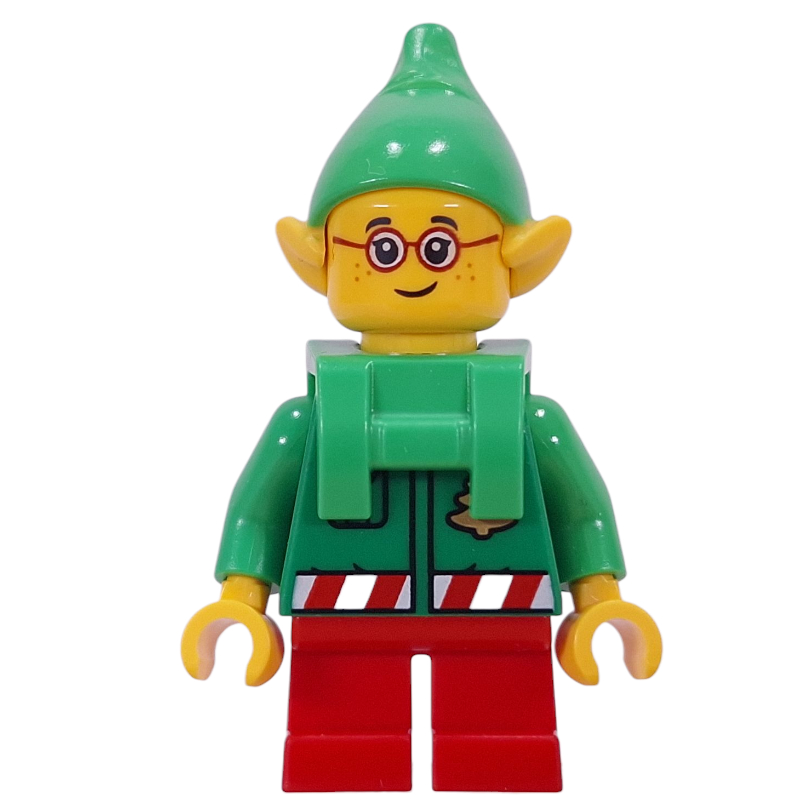 Lego Elf - Bright Green Torso, Red Legs, Bright Green Hat, Backpack