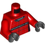 Lego Torso Racing Suit Checkered Pattern with 'PORSCHE' on Black Stripe Print, Red Arms, Black Hands