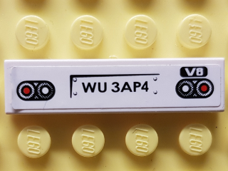 Lego Tile 1 x 4 with Red and White Taillights, Black 'WU 3AP4' and White 'V8' Pattern (Sticker) - Set 8681 / White