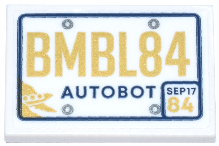 Lego Tile 2 x 3 with License Plate with Gold and Dark Blue 'BMBL84', 'AUTOBOT' and 'SEP17 84' Pattern (Sticker) - Set 10338