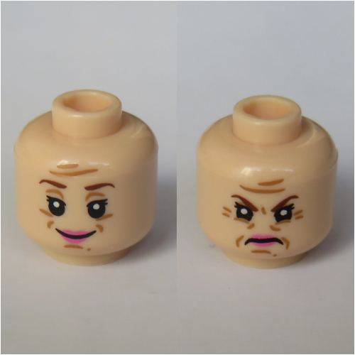 Lego Minifig Head Dolores Umbridge, Dual Sided, Pink Lips, White Pupils, Reddish Brown Eyebrows Print [Hollow Stud] / Light Nougat