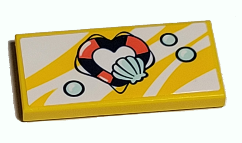 Lego Tile 2 x 4 with Coral and Dark Blue Heart-Shaped Life Preserver, Light Aqua Shell and Bubbles Pattern (Sticker) - Set 41380