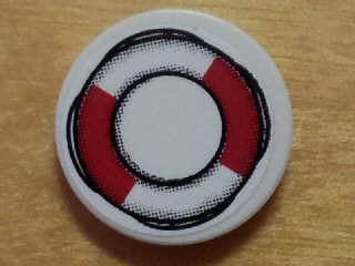 Lego Tile, Round 2 x 2 with Red and White Life Preserver on Rope Outline Pattern (Sticker) - Set 8426 / White