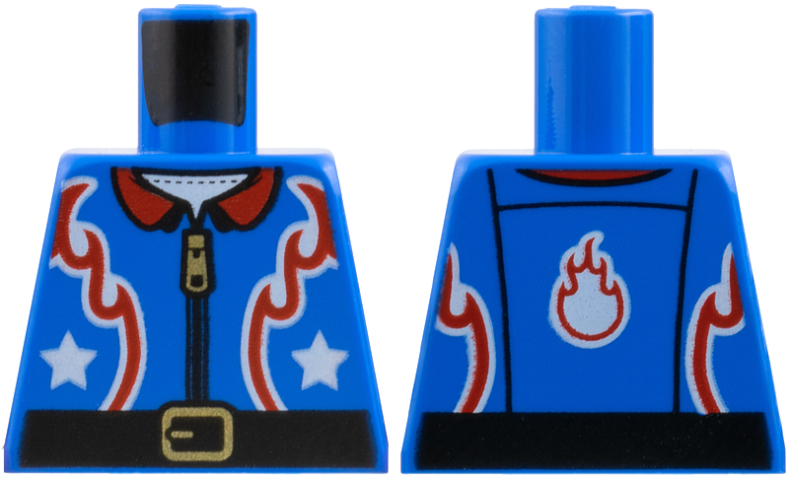 Lego Torso Flight Suit Jacket with Zipper and Red Flames and Collar, White Stars and Black Belt Pattern / Blue