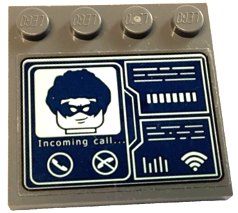 Lego Tile, Modified 4 x 4 with Studs on Edge with Light Aqua 'Incoming call...', Robin Minifigure Head, Telephones and WiFi Symbol on Dark Blue Screen Pattern (Sticker) - Set 76122 / Dark Bluish Gray