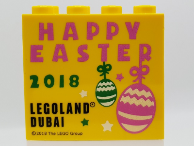 Lego Brick 2 x 4 x 3 with LEGOLAND Dubai 2018 Happy Easter Pattern / Yellow