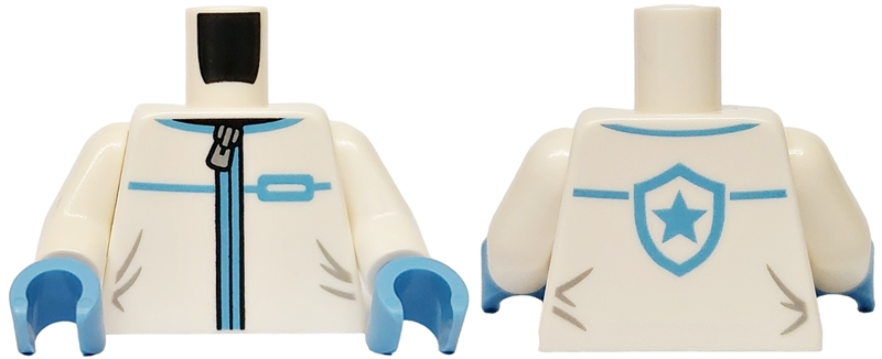 Lego Torso Jacket with Silver Zipper, Medium Blue Trim, Light Bluish Gray Creases, Star Badge Logo on Back Pattern / White Arms / Medium Blue Hands