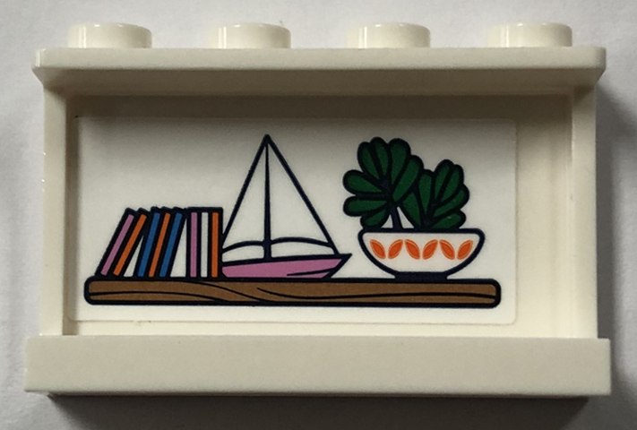 Lego Panel 1 x 4 x 2 with Side Supports - Hollow Studs with Books, Boat, and Potted Plant on Shelf Pattern (Sticker) - Set 41702