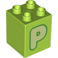 Lego Duplo Brick 2 x 2 x 2 with Yellowish Green 'P' Print / Lime