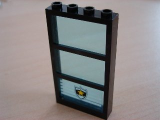 Lego Window 1 x 4 x 6 with 3 Panes with Fixed Trans-Light Blue Glass with Police Star Badge & White Stripes Pattern (Sticker) - Set 6598