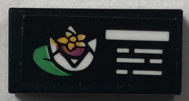 Lego Tile 1 x 2 with Plant Information Sign with White Lines, Bright Light Orange, Magenta and Green Nelumbo Nucifera Flower Pattern (Sticker) - Set 41757 / Black