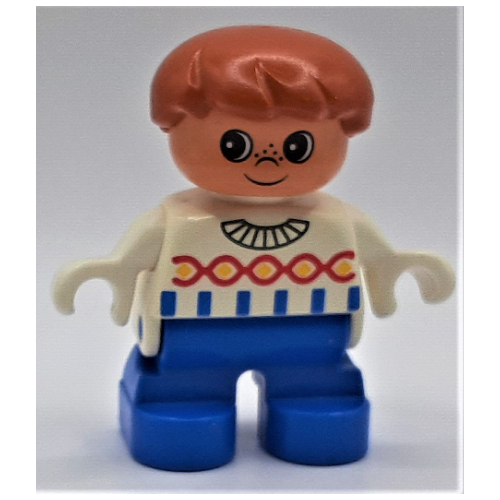 Lego Duplo Figure, Early Child, Hair Swept Left Dark Orange, Blue Legs, Blue Stripes and Red Twist on Sweater Print