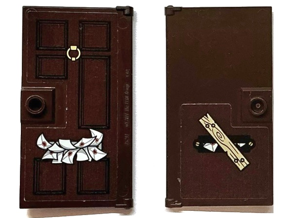 Lego Door 1 x 4 x 6 with Stud Handle with Letters in Mail Slot and Nailed Board with Wood Grain on Back Pattern (Stickers) - Set 75968 / Dark Brown