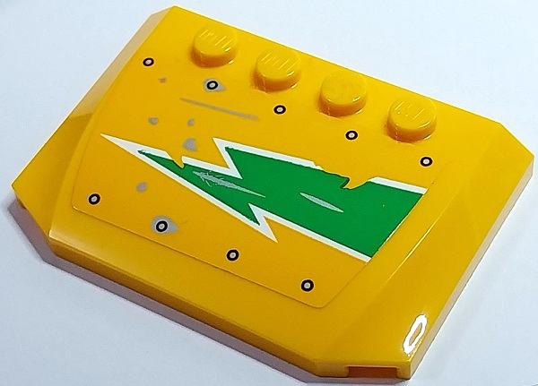 Lego Wedge 4 x 6 x 2/3 Triple Curved with Bright Green and White Worn Lightning Bolt and Silver Rivets Pattern Model Right Side (Sticker) - Set 70429