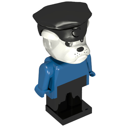 Lego Fabuland Figure Constable Clarke Bulldog with White Head, Blue Torso, Arms and Hands, Black Legs and Black Police Hat / Blue