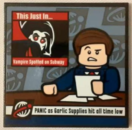Lego Tile 6 x 6 with Bottom Tubes, Textured Surface with 'This Just In...', 'Vampire Spotted on Subway', 'PANIC as Garlic Supplies hit all time low' and Male News Anchor Minifigure at Desk Pattern (Sticker) - Set 76178 / Black