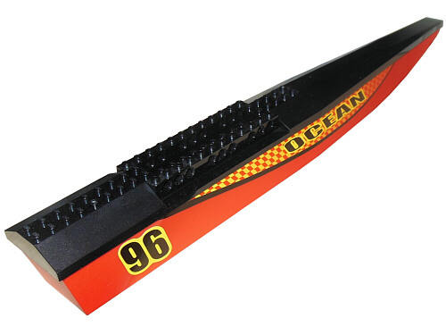 Lego Boat, Hull Unitary 48 x 6 x 5 (Catamaran Half) with Black Top with 'OCEAN' and '96' Pattern Model Right Side (Stickers) - Set 7244 / Red
