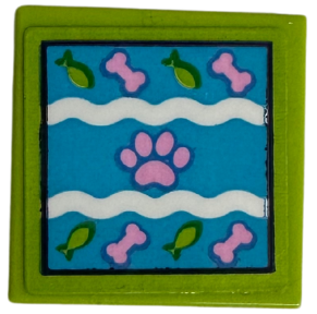 Lego Tile 2 x 2 with Medium Azure Doormat with Fish, White Waves, Bright Pink Paw Print and Bones Pattern (Sticker) - Set 41718 / Lime