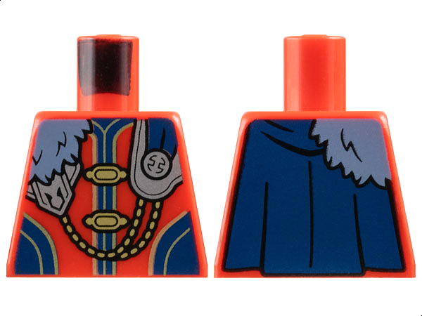 Lego Torso Tunic with Gold Clasps and Dark Blue Trim and Panels, Cape with Chain, Silver Armor and Sand Blue Fur Pattern / Red