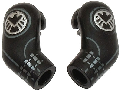Lego Arm, (Matching Left and Right) Pair with Silver SHIELD Logos, Cuffs and Dark Bluish Gray Circles Pattern / Black